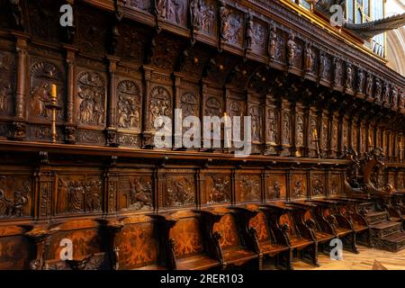 Bancarelle di coro in legno intagliate a mano della Cattedrale di Santa Maria di Burgos. È dedicato alla Vergine Maria. Provincia di Burgos, comune autonomo Foto Stock