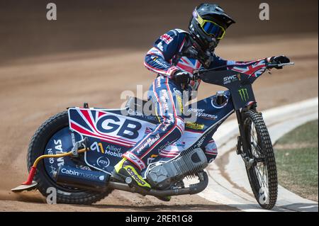 Wroclaw, Polonia. 29 luglio 2023. Tom Brennan (bianco) della Gran Bretagna durante la finale di prove della Monster Energy FIM Speedway World Cup all'Olimpijski Stadium di Breslavia, Polonia, il 28 luglio 2023 (foto di Andrew SURMA/ Credit: SIPA USA/Alamy Live News Foto Stock