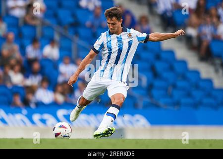 San Sebastian, Spagna. 29 luglio 2023. Martin Zubimendi della Real Sociedad durante la partita amichevole pre-stagionale tra Real Sociedad e Bayer Leverkusen ha giocato al reale Arena Stadium il 29 luglio 2023 a San Sebastian, in Spagna. (Foto di Cesar Ortiz/PRESSINPHOTO) crediti: PRESSINPHOTO SPORTS AGENCY/Alamy Live News Foto Stock