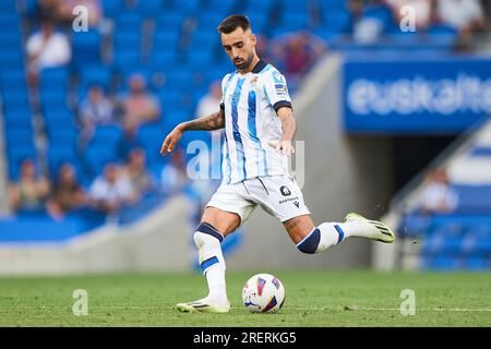 San Sebastian, Spagna. 29 luglio 2023. Brais Mendez della Real Sociedad durante la partita amichevole pre-stagionale tra Real Sociedad e Bayer Leverkusen ha giocato al reale Arena Stadium il 29 luglio 2023 a San Sebastian, in Spagna. (Foto di Cesar Ortiz/PRESSINPHOTO) crediti: PRESSINPHOTO SPORTS AGENCY/Alamy Live News Foto Stock