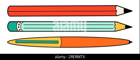 Penna scolastica e cartone animato a matita in stile retrò. Elemento di cancelleria Back to School audace e luminoso. Forniture classiche per l'istruzione dei bambini o per l'ufficio Illustrazione Vettoriale