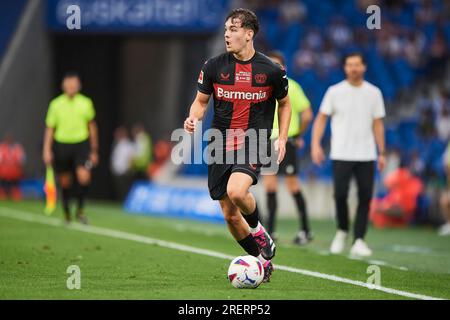 San Sebastian, Spagna. 29 luglio 2023. Il Reno Munz del Bayer Leverkusen durante la partita amichevole pre-stagionale tra Real Sociedad e Bayer Leverkusen ha giocato al reale Arena Stadium il 29 luglio 2023 a San Sebastian, in Spagna. (Foto di Cesar Ortiz/PRESSINPHOTO) crediti: PRESSINPHOTO SPORTS AGENCY/Alamy Live News Foto Stock