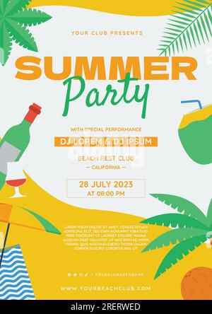 volantino per feste estive per il soleggiato beach club all'aperto con musica dal vivo e dj con sfondo giallo con elementi di design piatti Illustrazione Vettoriale
