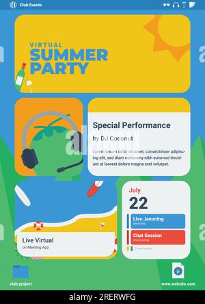 un volantino virtuale per feste estive dal design piatto per video live dj, musica in streaming, registrazione e trasmissione di riunioni con la moderna app del sistema operativo in background Illustrazione Vettoriale