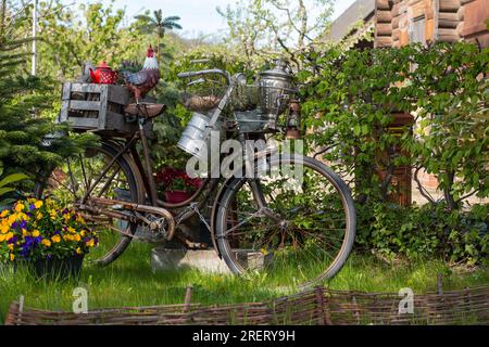 Vecchia bicicletta arrugginita usata come bella decorazione con fiori colorati e ornamenti in giardino con alberi Foto Stock