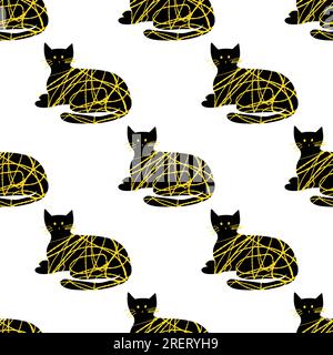 Motivo senza cuciture con graziosa illustrazione gatto testurizzata di colore nero e giallo su sfondo bianco Illustrazione Vettoriale