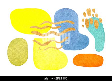 Acquerello macchie astratte disegnate a mano. Macchie colorate, strisce dorate e schizzi di animali neri su sfondo bianco. Illustrazione astratta per la CA. Di progettazione Foto Stock