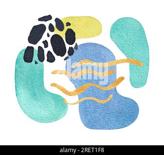 Acquerello macchie astratte disegnate a mano. Macchie colorate, strisce dorate e schizzi di animali neri su sfondo bianco. Illustrazione astratta per la CA. Di progettazione Foto Stock