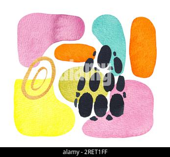 Acquerello macchie astratte disegnate a mano. Macchie colorate, strisce dorate e schizzi di animali neri su sfondo bianco. Illustrazione astratta per la CA. Di progettazione Foto Stock