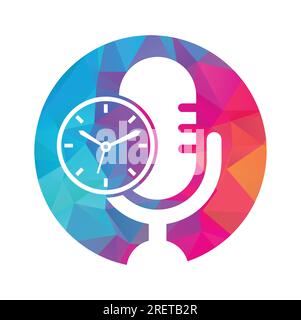 Modello di design del logo vettoriale del tempo del podcast. Icona del logo vettoriale dell'orologio MIC. Illustrazione Vettoriale