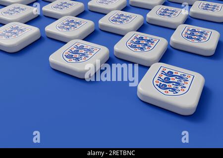 LONDRA, Regno Unito - luglio 2023: Logo della nazionale di calcio dell'Inghilterra. Rendering 3D. Foto Stock