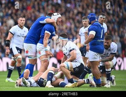 Murrayfield Stadium. Edimburgo, Scozia, Regno Unito. 29 luglio 2023. Partita di rugby famosa delle Grouse Nations Series Scozia contro Italia. Con un grido Manuel Zuliani di Italy Credit: eric mccowat/Alamy Live News Foto Stock