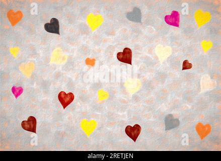 sfondo color arancio cremoso con cuori color arancio giallo rosso e rosa grunge Foto Stock