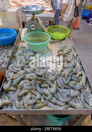Gamberi freschi in mostra presso una bancarella nel mercato bagnato del Chinatown Complex, Chinatown, Singapore Foto Stock