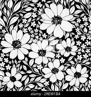 Motivo floreale senza cuciture di fiori e foglie in bianco e nero. Design di sfondi per tessuti, carte, stampe, prodotti di bellezza. Illustrazione Vettoriale