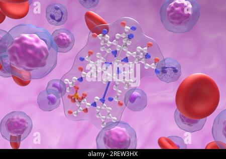 Struttura della vitamina B12 (cobalamina) nel flusso sanguigno proiezione primo piano sfera e bastone illustrazione 3d. Foto Stock