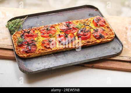 Ampia scelta di appetitosi piatti vegetariani con fette di pomodoro e rametti di timo fresco su teglia da forno Foto Stock