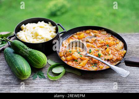 Mangiare un piatto tradizionale sloveno con salsa di cetrioli in rosso e purè di patate. Cetrioli appena raccolti dal giardino. Cibo estivo Foto Stock