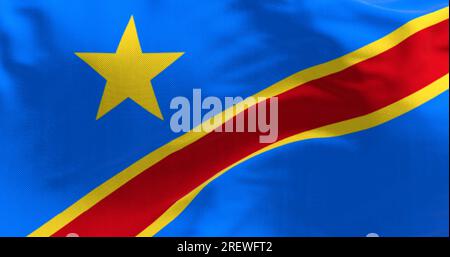 Primo piano della bandiera nazionale della Repubblica Democratica del Congo. Bandiera blu cielo con stella gialla nell'angolo superiore sinistro. Striscia rossa diagonale con giallo Foto Stock