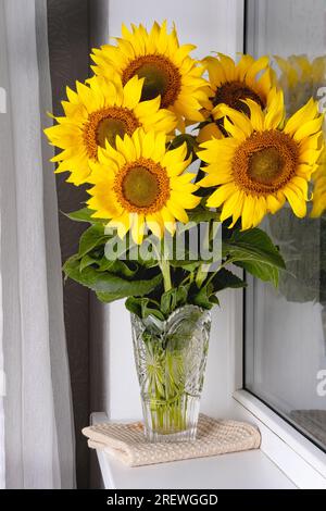 Natura morta con bellissimo bouquet di girasoli in vaso di vetro Foto Stock