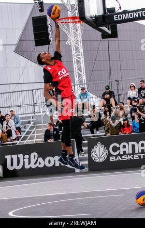 Edmonton, Canada. 28 luglio 2023. Washington DC (USA) (4) Charlie Brown Jr in FIBA 3x3 2023 azione durante il round di qualificazione della tappa di Edmonton sul FIBA 3x3 World Tour. Riga (LAT) 12:21 Washington DC (USA) credito: SOPA Images Limited/Alamy Live News Foto Stock