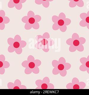 Ripetizione senza cuciture con grafica retrospettiva grassetto sovradimensionata. Semplici margherite rosa disegnate a mano, fiori astratti Fiori stilizzati minimali Illustrazione Vettoriale