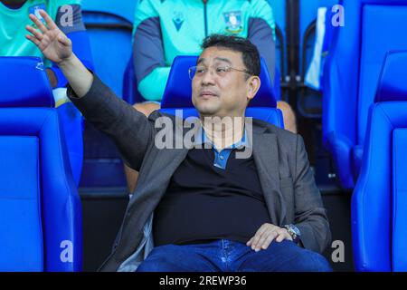 Sheffield, Regno Unito. 29 luglio 2023. Dejphon Chansiri gestures durante l'amichevole pre-stagionale Sheffield Wednesday FC vs Luton Town FC all'Hillsborough Stadium, Sheffield, Regno Unito il 29 luglio 2023 Credit: Every Second Media/Alamy Live News Foto Stock