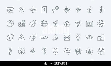 Le icone a linee sottili di energia elettrica, denaro ed efficienza rappresentano un'illustrazione vettoriale. Descrivere i simboli dei fulmini e le prestazioni dinamiche aumento del prezzo dell'elettricità, pittogrammi dell'industria elettrica elettrificata Illustrazione Vettoriale