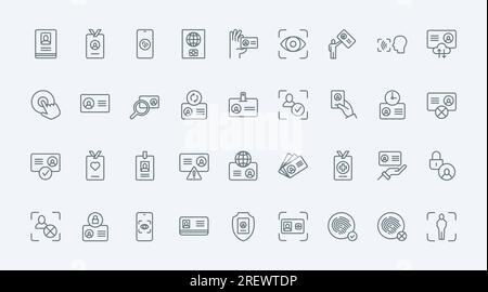Le icone delle linee sottili delle schede ID consentono di impostare l'illustrazione del vettore. Badge con nome, foto e informazioni per l'identificazione della persona, documento di plastica per l'identità e la verifica dell'utente, scansione della fotocamera Illustrazione Vettoriale