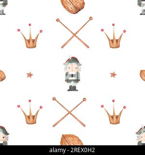 motivo ad acquerello senza cuciture con lo schiaccianoci. motivo natalizio con schiaccianoci, corone e bacchette, noci. Serie di Capodanno da stampare Foto Stock