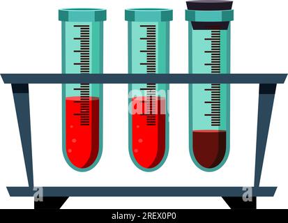 Set di provette in vetro medico trasparente, liquidi colorati in provetta  con tappi, sangue in provetta di vetro. illustrazione realistica di vettore  3d su sfondo trasparente.