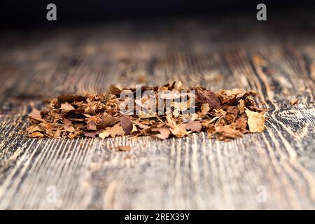 tabacco pericoloso dalle sigarette, tabacco dalle sigarette che causano dipendenza da nicotina, tabacco da una sigaretta che si sbriciola sul tabellone Foto Stock