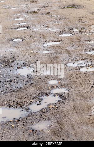 auto pneumatici piste su una strada sabbiosa in un'area rurale, la strada è bagnata dopo la pioggia, quindi ci sono tracce di pneumatici dalle ruote delle auto, e pozzanghere sul Foto Stock