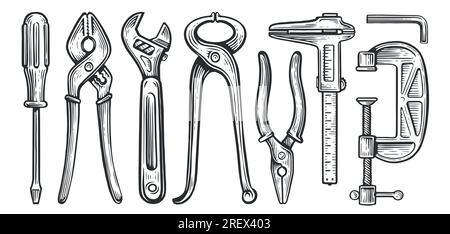 Set di utensili di lavoro. Costruzione, costruzione, concetto di riparazione. Cacciavite, pinze, chiave, pinze, morsa Illustrazione Vettoriale