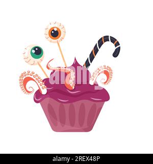 Cibo di Halloween, cupcake con occhi e tentacoli. Immagine vettoriale su sfondo bianco Illustrazione Vettoriale