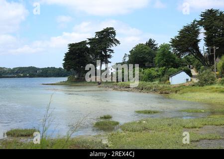 Ammira la baia dal sentiero costiero (sentier Cotier) vicino a Chemin de Bilo fuori le Moustoir, Arradon, Morbihan, Bretagna, Francia Foto Stock