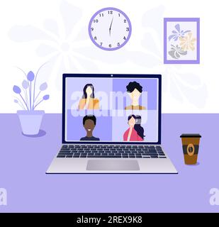 Il concetto di videoconferenza, formazione, videocomunicazione online con colleghi, amici, studenti a casa o in ufficio. Lavoro a distanza. Illustrazione Vettoriale
