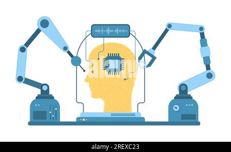 Automazione nel settore industriale, illustrazione dei vettori di produzione intelligente. I bracci robotici isolati per cartoni animati costruiscono una testa astratta con ingranaggi e circuiti, apprendimento automatico e soluzioni digitali di macchine automatiche Illustrazione Vettoriale