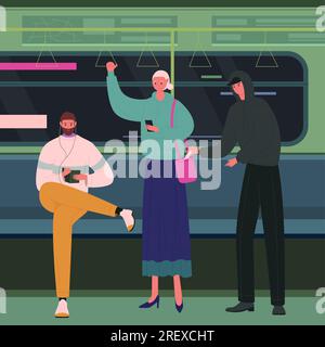 Illustrazione del furto nel vettore di trasporto pubblico. Donna dei cartoni animati in piedi e che usa il telefono cellulare durante il viaggio all'interno della metropolitana, personaggio ladro maschile che ruba il portafoglio a una donna imprudente Illustrazione Vettoriale