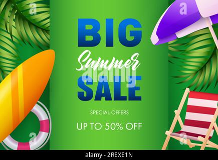 Grande poster per la vendita estiva. Lifebuoy, tavola da surf Illustrazione Vettoriale