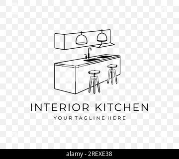 Interni di cucina moderna, soggiorno, casa e casa, design grafico lineare. Esterno, mobili, tavolo, isola cucina, stoviglie, lampade Illustrazione Vettoriale