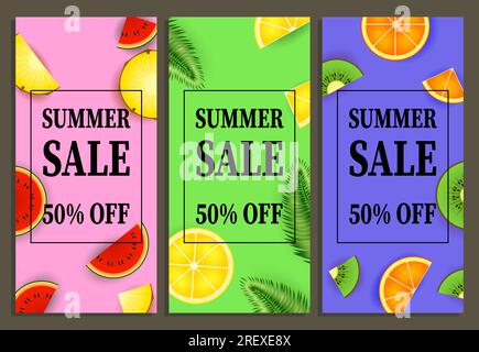 Banner verticali per la vendita estiva. Limone, arancia Illustrazione Vettoriale