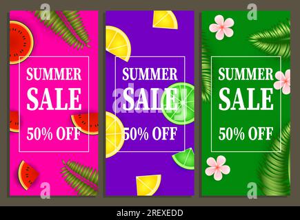 Banner verticali per la vendita estiva. Limone, lime Illustrazione Vettoriale