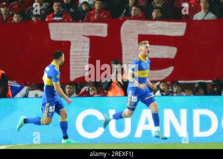 Buenos Aires, Argentina. 29 luglio 2023. Nicolas Valentini del Boca Juniors celebra il suo gol durante un derby per il 27° round della Liga Profesional de Fútbol Binance Cup argentina allo Stadio Libertadores de América ( Credit: Néstor J. Beremblum/Alamy Live News Foto Stock