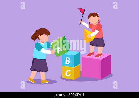 Stile piatto dei cartoni animati che disegna due bambine che giocano a blocchi giocattoli a cubo insieme. Giocattoli educativi. Bambini che giocano a cubi firmati, in fase di sviluppo Foto Stock