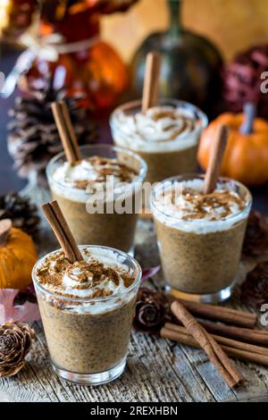 Budini di chia latte con spezie di zucca guarniti con bastoncini di cannella. Foto Stock