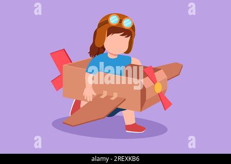 Design grafico piatto che disegna una bambina creativa che gioca come pilota con un aereo di cartone. Bambini felici in aereo fatto a mano. Gioco aereo per bambini Foto Stock