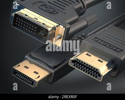 Cavi HDMI, DisplayPort e DVI. I tipi più comuni di cavi video digitali e connettori per display. illustrazione 3d. Foto Stock