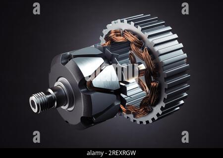 Rotore e statore del generatore alternatore per auto o del motore elettrico su nero. illustrazione 3d. Foto Stock