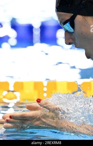 (230730) -- FUKUOKA, 30 luglio 2023 (Xinhua) -- Summer McIntosh del Canada gareggia durante la finale femminile di nuoto di 400 m ai Campionati mondiali di nuoto a Fukuoka, Giappone, 30 luglio 2023. (Xinhua/Xu Chang) Foto Stock